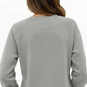 Sweat-shirt gris à col rond pour femme, manches longues, couleur unie, tricoté en coton, décontracté, pour l'automne, avec poches - Product Image 2