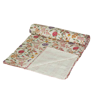 Vintage Floral Kantha Cotton <b>Quilt</b> Handmade Printed <b>Throw</b> Blanket Sofa Couch Cover All-Season Home & Hotel Use - Product Image 1