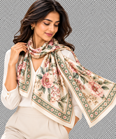 Écharpe carrée en soie pour femme, motif floral, marron crème, légère, toutes saisons, accessoire de tous les jours