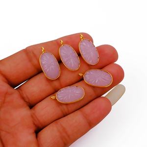 Gold Plated Unique Fashion Jewelry Pink Chalcedony Flower Carved Pendants with Bezel Set Oval Shape Floral Design Charms - Product Image 2