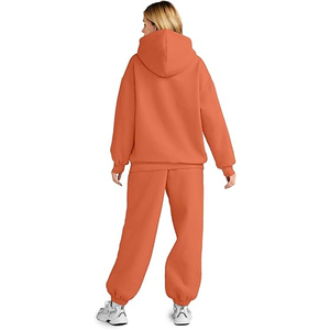 Conjunto Deportivo Casual de 2 Piezas para Mujer, Sudadera con Capucha Naranja y Pantalones Jogger, Top Corto de Felpa, Spandex, Corte Holgado, Color Sólido - Product Image 3