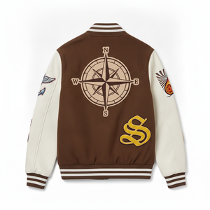 Blouson universitaire marron pour homme avec manches crème, motif patchwork brodé, logo Cultivate Adventure sur le devant, style décontracté pour l'automne - Product Image 4