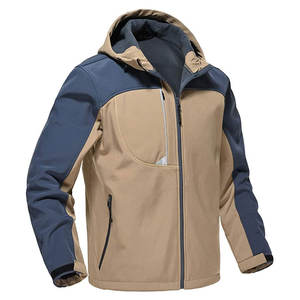 Chaqueta de Invierno Personalizada para Hombre, Color Beige y Azul Oscuro, con Capucha, para Uso en Exteriores, con Bolsillos con Cremallera y Bolsillo en el Pecho - Product Image 1