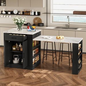 Double Door Cabinet <b>Open</b> Shelving Extendable Island Console Drawers-Serves Dining Table Temporary Kitchen Islands Carts - Product Image 4