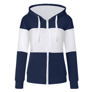 Custom Colorblock <b>Navy</b> Blue and White Full Zip Fleece <b>Hoodie</b> Wholesale <b>Women</b> Contrast Drawstring Jacket - Product Image 1