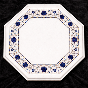 Mesa octogonal de mármol blanco de lujo con incrustaciones de piedras semipreciosas florales azules, mesa de centro decorativa hecha a mano - Product Image 3