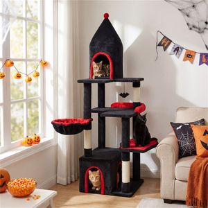 Albero per Gatti Gotico Nero e Rosso a 5 Livelli, 160 cm di Altezza, in MDF, Tiragraffi e Postazione per Arrampicata - Product Image 2