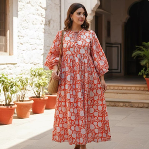 Floral Handblock Cotton Floor Length Dress O Neck <b>Three</b> Quarter Puff Sleeves Loose Fit Women's Daily Wear Embroidery Pocket - Product Image 1