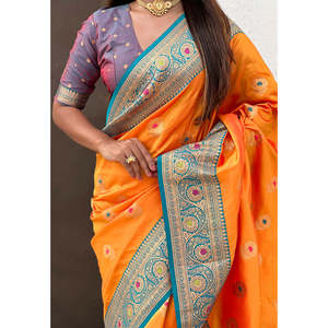 Sari de Seda Suave Naranja Elite Weaves con Diseño de Girasol Butta Meenakari y Bordado Zari, Vestidos Elegantes para la Noche - Product Image 4