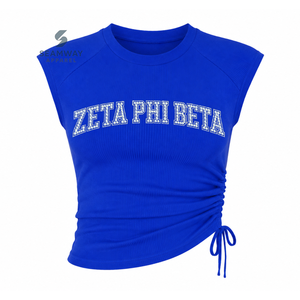 Zeta Phi Beta Sorority Women's Bling Rhinestone Ribbed Tank <b>Top</b> Ruched Side Crew Neck <b>Raglan</b> Cap Sleeve Casual Crop <b>Top</b> - Product Image 1