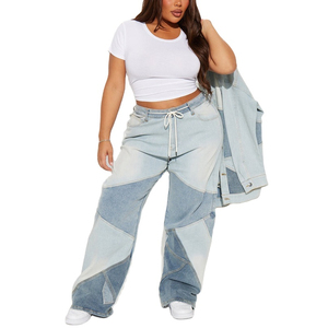 Patchwork High Waist Loose Fit Full Length Denim Pants Women Plus Size Casual Stonewashed <b>Drawstring</b> <b>Jeans</b> - Product Image 2