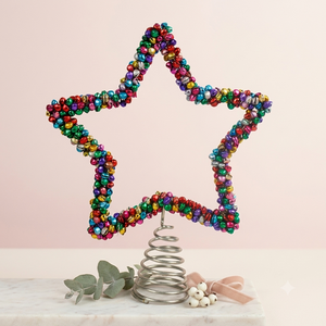 Décor de sommet de sapin de Noël en forme d'étoile multicolore avec clochettes et base spirale argentée - Product Image 1