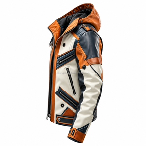 Veste de moto pour homme, coupe slim, coupe-vent, à capuche, avec blocs de couleur, col rabattable, fermeture éclair, manches classiques - Product Image 3
