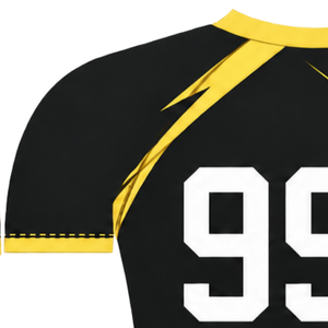 Maillot de compression athlétique à manches courtes noir et jaune doré, col ras du cou, motif éclair, pour entraînement de performance et sports de rame - Product Image 3
