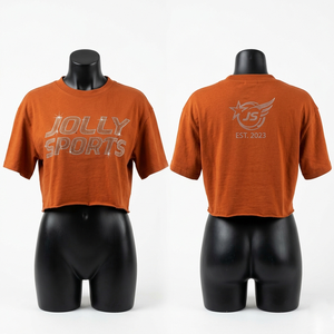 Women Cotton Crop <b>Top</b> Shirt GSM Premium Soft Fabric Burnt Orange <b>Rhinestone</b> Heat Transfer Custom Logo Breathable Crop <b>Top</b> Shirt - Product Image 1