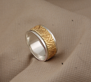 Luxury 925 Sterling <b>Silver</b> and Brass Mixed Metal Band <b>Ring</b> Handmade Two-Tone Textured <b>Statement</b> Band High-Quality Band <b>Ring</b> - Product Image 4
