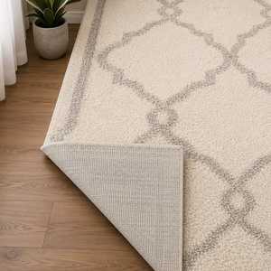 Alfombra marroquí de lana de Nueva Zelanda anudada a mano de primera calidad – Color marfil y gris - Product Image 4