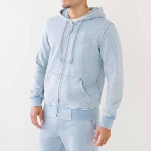 French Terry Heavyweight Sun Fade Blue Jeans Denim Hoodie With Zipper Up Outdoor Vintage Denim Jean Hood Breathable Custom Logo - Product Image 3