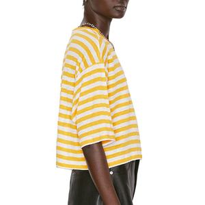 Drop Shoulder Contrast Color <b>Stripes</b> Design Women's <b>Crop</b> T-Shirts Bulk Orders Low MOQ Summer Wear Cropped <b>Tops</b> Shirts - Product Image 3