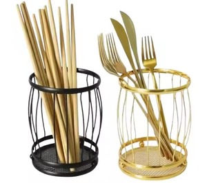 <b>Copper</b> Plated Metal Cutlery Holder Cylindrical Standing Kitchen Organizer Rust Resistant Modern Style Single Tier Cutlery Holder - Product Image 3