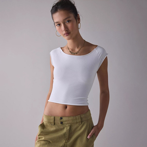 T-shirt ajusté pour femme à manches courtes, col bateau, en coton et élasthanne, avec bords bruts, style boutique, streetwear Y2K, logo personnalisé, OEM, vente en gros - Product Image 1