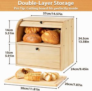 Boîte à pain en bois à 2 niveaux avec couvercle roulant, bac à pain en bois naturel, conteneur de rangement alimentaire, organisateur pour comptoir de cuisine, vente en gros - Product Image 6