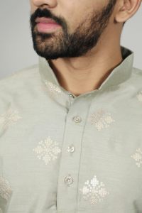 <b>Men's</b> Cotton <b>Kurta</b> with White Floral Print Knee-Length Traditional Indian Party Wedding Wear Regular Fit Light Green Color - Product Image 2