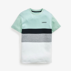 T-shirt décontracté rayé à manches courtes pour garçons, col rond, en tissu tricoté, logo sur la poitrine gauche, design color block menthe, gris et blanc - Product Image 1