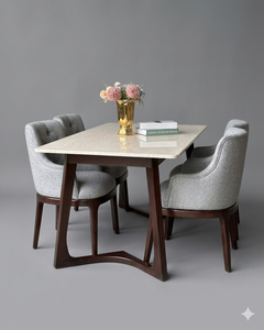 Juego de Comedor Moderno Premium de 6 Piezas, Mesa con Tapa de Piedra Blanca, Sillas de Comedor con Respaldo de Tela, Muebles para el Hogar de Madera de Teca Acanalada - Product Image 3