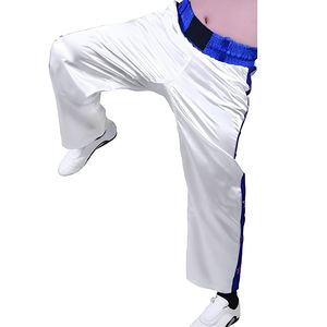 Pantalon de sport blanc avec bandes latérales violettes, pantalon d'entraînement MMA, pantalon de kickboxing, équipement d'arts martiaux, pantalon d'entraînement de combat en satin - Product Image 3