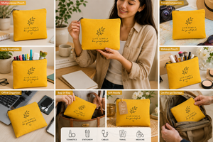 กระเป๋าเครื่องสำอางผ้าแคนวาส Live Simply Be Grateful สีเหลือง ปิดด้วยซิป กระเป๋าใส่เครื่องสำอางแบบพกพาขนาดเล็ก สไตล์เรียบง่าย - Product Image 5