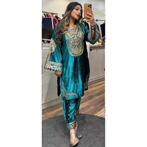 DISEÑADOR TERCIOPELO BORDADO CODIFICACIÓN SECUENCIA TRABAJO KURTI CON PALAZZO RAMA - Product Image 1