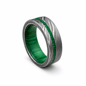 Anillo de Boda de Acero de Damasco con Incrustaciones de Madera, Diseño Plano con Centro Verde, Joyería Unisex OEM DIY para Regalo de Fiesta de Compromiso - Product Image 1