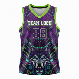 Maillot de basket Cyber Wolf sublimé, col en V, sans manches, 100 % polyester, anti-humidité, coupe athlétique unisexe pour adulte - Product Image 5