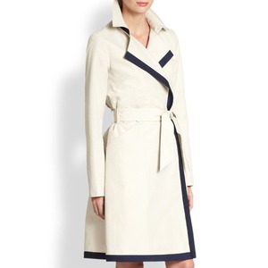 Trex Export Cream Wool Blend Trench Coat With Navy Trim Belted Long Sleeve <b>Smart</b> <b>Casual</b> Autumn Wear - Product Image 1