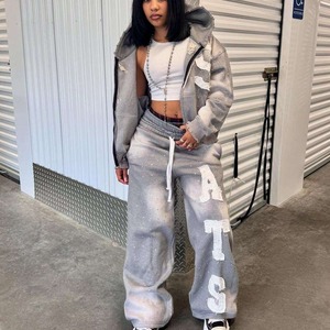Conjunto Deportivo Gris para Mujer, Estilo Acid Wash, con Capucha, Manga Larga, Estampado de Letras, Corte Holgado, Estilo Urbano, Otoño, 100% Algodón Transpirable, 2026 - Product Image 2