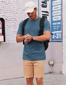 T-shirt à manches courtes pour homme, couleur unie, col rond, coupe classique, 100% coton jersey, respirant, vêtements décontractés, bleu - Product Image 2