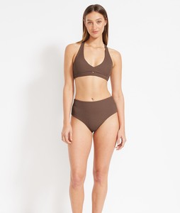 Women's <b>Brown</b> Ribbed Halter <b>Bikini</b> <b>Set</b> High Waist Solid Color Spandex Nylon Stretch Swimwear Regular Fit - Product Image 1