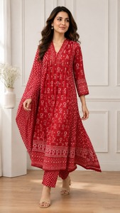 Red Floral Printed Anarkali <b>Kurta</b> Set for <b>Women</b> with Pants Stylish Ethnic Festive and Traditional Indian Wear - Product Image 3