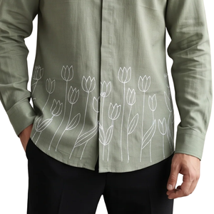Chemise à manches longues pour homme, imprimé floral vert sauge, boutonnée, coupe ajustée, chemise habillée décontractée, fournisseur de vêtements personnalisés - Product Image 5