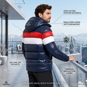Veste matelassée à capuche pour homme, bleu marine, rouge et blanc, chaude, matelassée, pour l'hiver, veste d'extérieur légère, imperméable, One Apex - Product Image 6