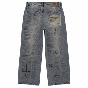 DRAVELLE INDUSTRY Jean droit pour homme en denim imprimé numérique, taille haute, coupe régulière, délavé, style streetwear automne - Product Image 2