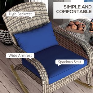 Sedia a dondolo da esterno in vimini con schienale alto e cuscino blu scuro per portico e balcone - Product Image 5