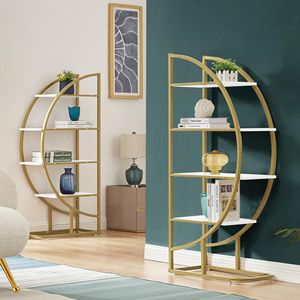 Libreria Aperta a 4 Ripiani per Casa e Ufficio, Forma Rotonda con Posizionamento Versatile, Pannello in MDF Resistente, Struttura in Metallo Dorato con Finitura Bianca - Product Image 5