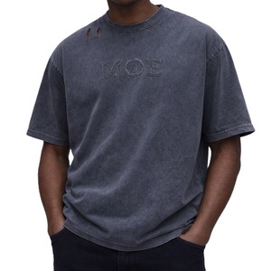 T-shirts unisexes vintage délavés pour hommes, coupe oversize, avec détails de col vieilli, logo en chenille, en tissu épais, style streetwear, fabrication OEM en gros - Product Image 1