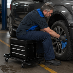 <b>Rolling</b> Mechanic Seat with 3 Drawers, Foldable Tray, <b>Tool</b> Chest with Wheels, Padded Cushion Workshop <b>Tool</b> Boxes GAPGAR024 - Product Image 1