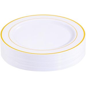30 Piatti Monouso Premium in Plastica Bianca e Oro da 10,25 Pollici con Bordo Dorato per Matrimoni e Feste - Product Image 1