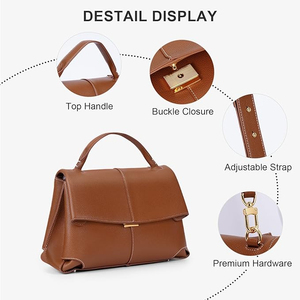 Bolso de Mano de Cuero Genuino para Mujer, Cierre de Solapa, Textura Saffiano Clásica, Dos Asas, Uso Diario, Elegante Bolso Marrón - Product Image 2