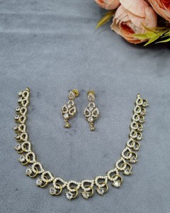 Artistic Curved Link Necklace Antique <b>Gold</b> Plated AD Jewelry <b>Set</b> With Pear Drop Motif & Dangle Earrings For Festivals Party Wear - Product Image 2