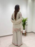 Ensemble haut et pantalon palazzo en georgette blanc cassé pour femme, broderie à sequins, avec dupatta, entièrement cousu, tenue ethnique pour fêtes et mariages
